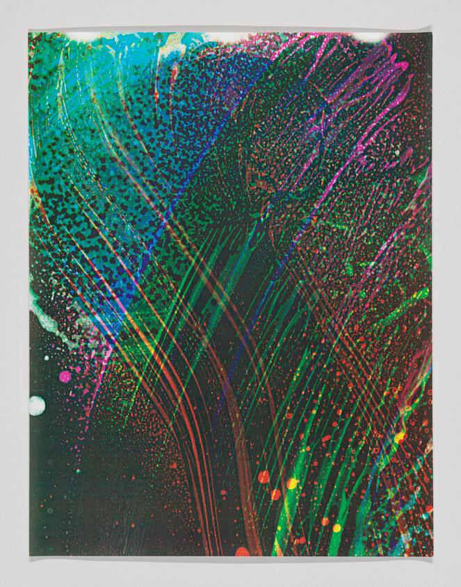 Vibrant abstract painting with multicolored streaks, splatters, and layered diagonal brushstrokes.