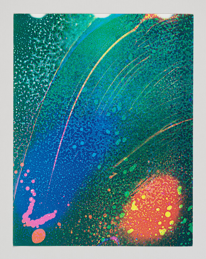 Vibrant abstract painting with sweeping green and blue arcs and bright orange splatter.