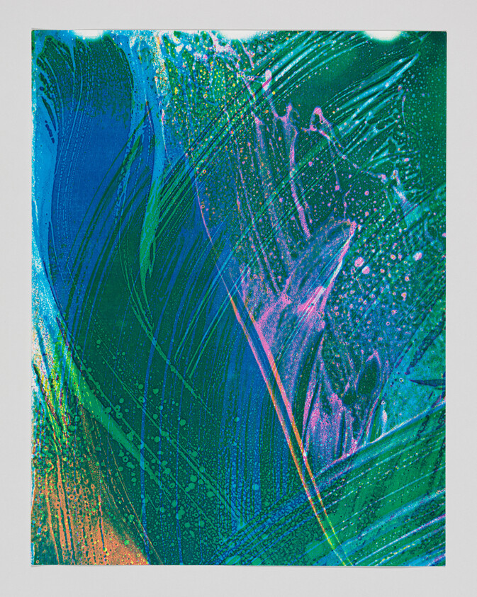 Vibrant abstract painting with sweeping blue and green brushstrokes and pink splatter accents.