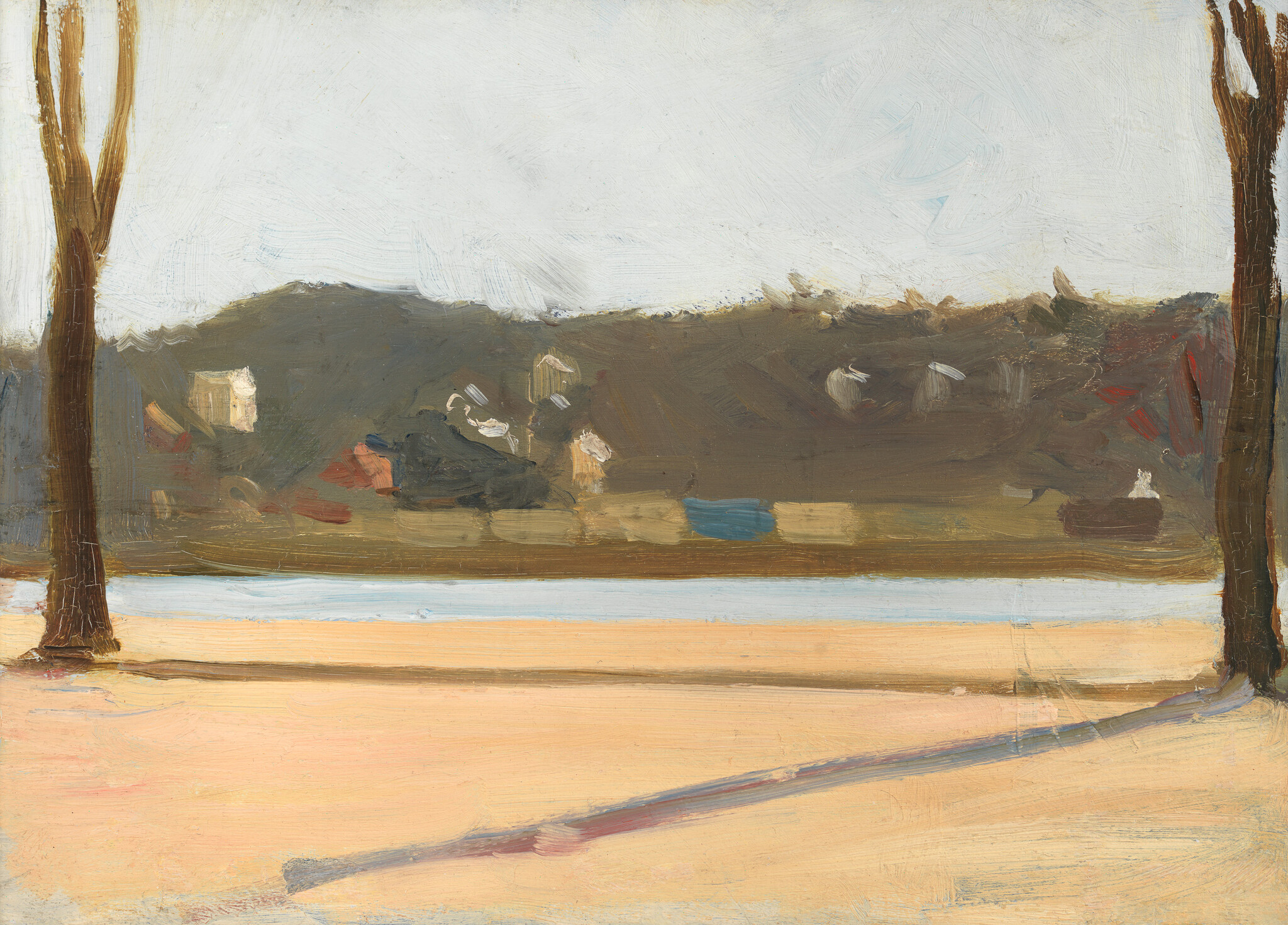 Two tall trees frame a sandy riverside with long shadows and a distant hillside village.