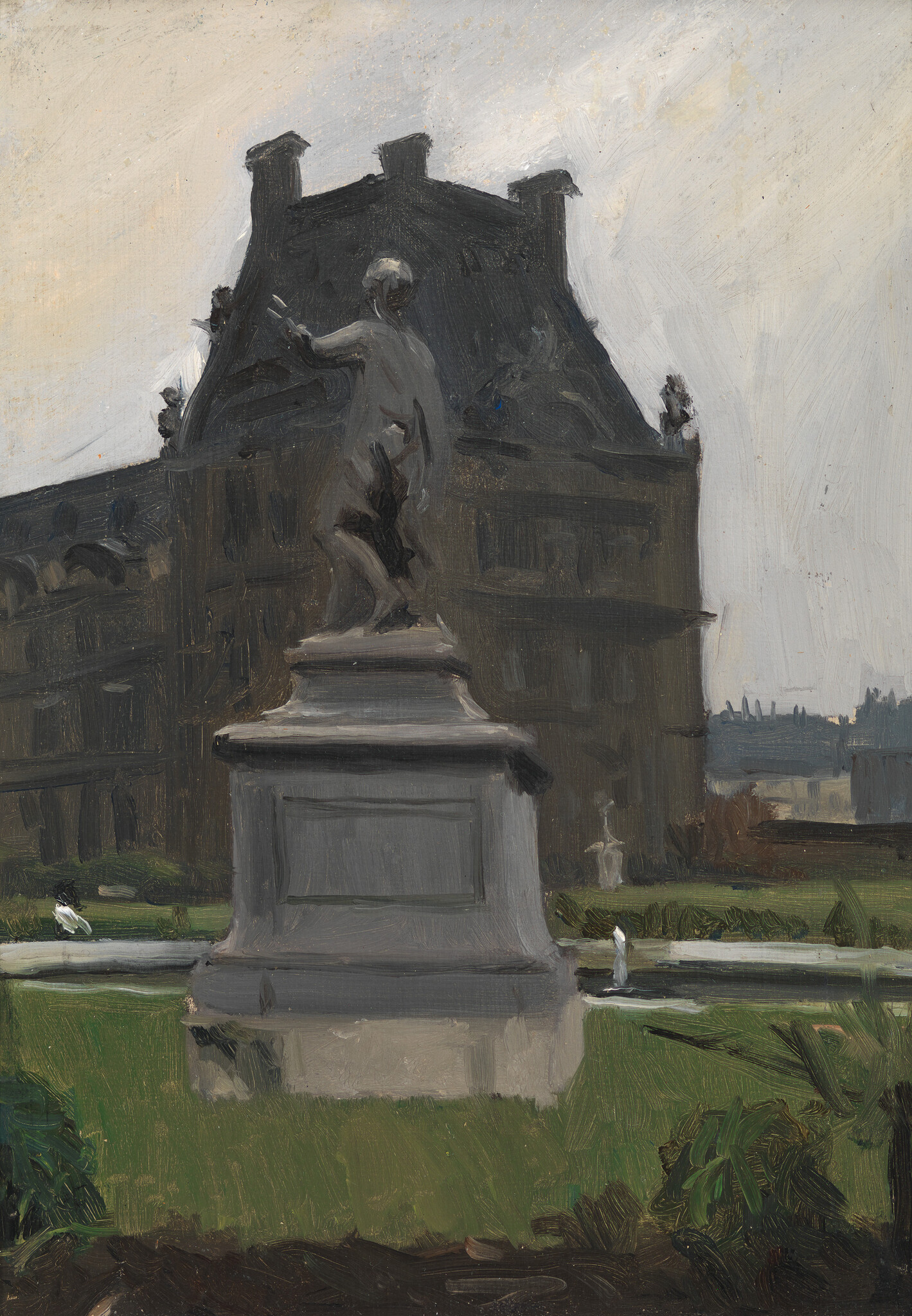 A classical statue stands on a stone pedestal in a formal garden before a large building.