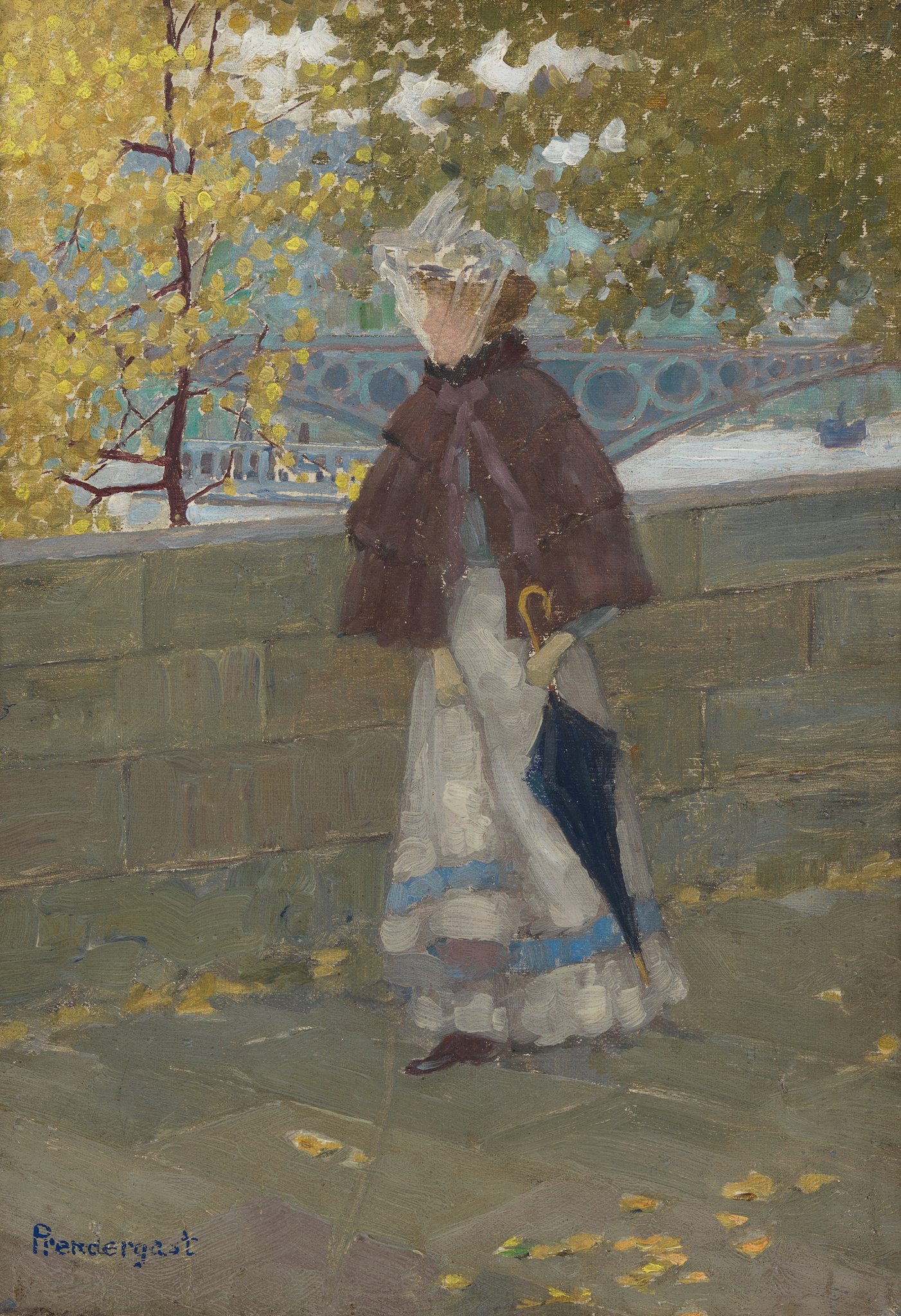 Impressionist-style painting depicting a solitary figure in period attire walking along a path with autumn leaves scattered on the ground. The person is wearing a dark cape over a long dress with a light-colored hem and holds what appears to be a parasol or umbrella. The background features a tree with yellow leaves and a hint of a blue bridge in the distance, suggesting an urban park setting. The artist's signature is visible at the bottom.