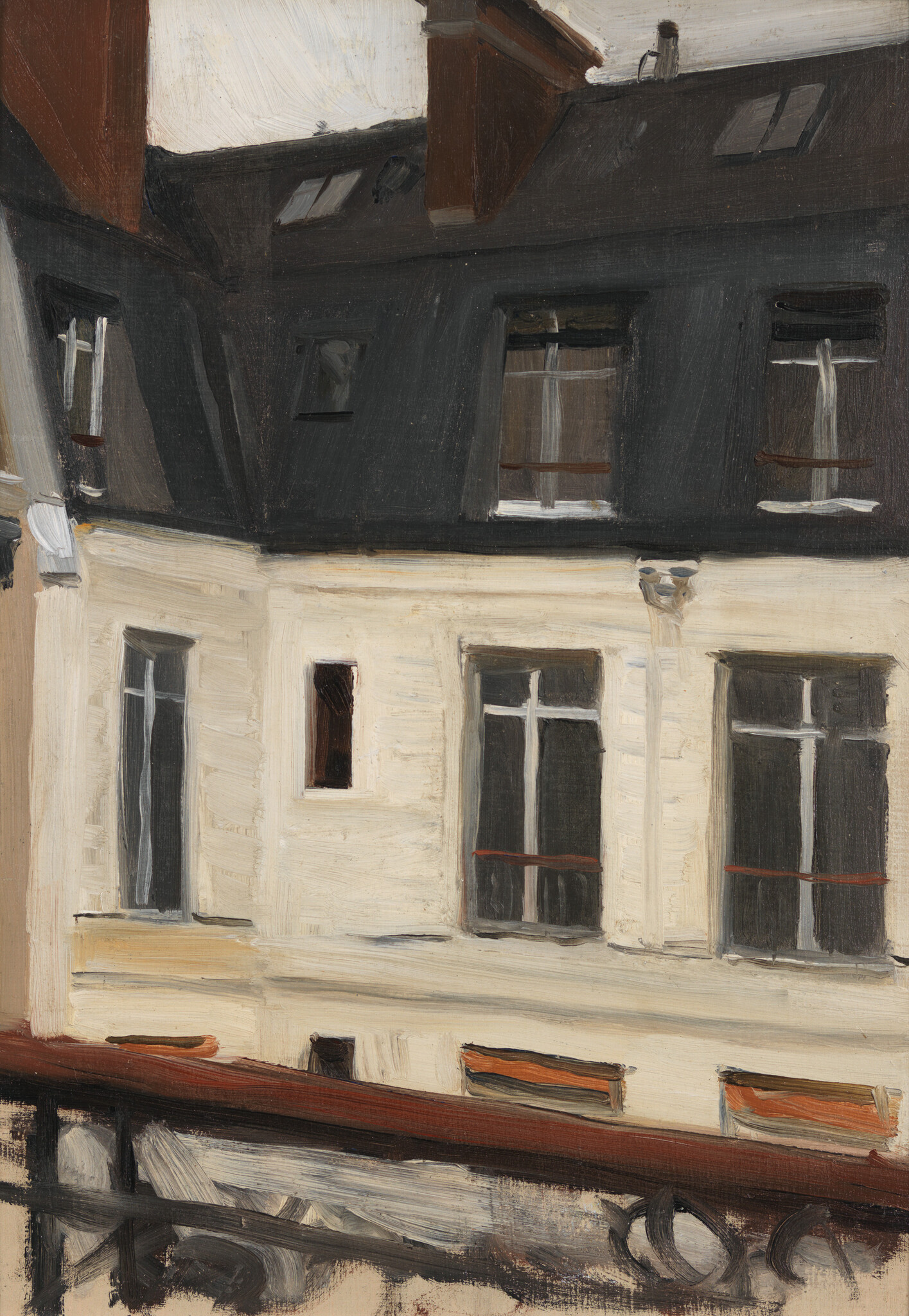 A painted view of a pale building facade with dark mansard roof and a balcony railing.