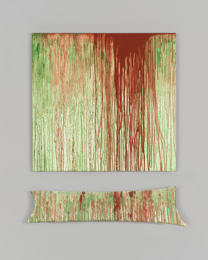 Abstract artwork with vertical drips of green and brown paint on a canvas, accompanied by a matching curved piece below.