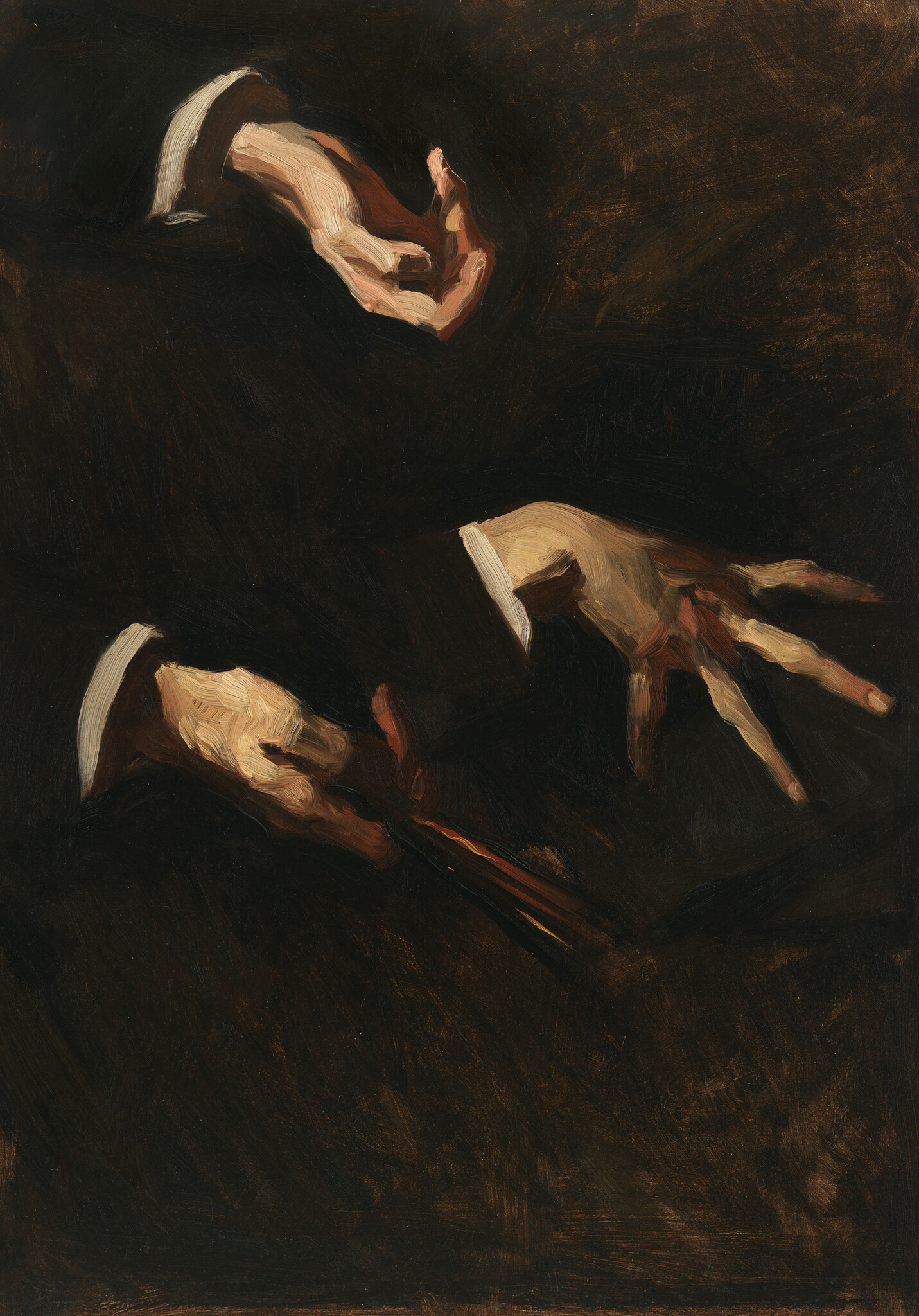Three illuminated hands with white cuffs gesture against a dark background, one holding a thin brush.