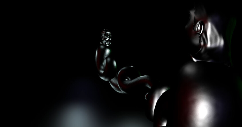 Shiny dark twisted chain of bulbous figures with small humanoid faces against a black background.