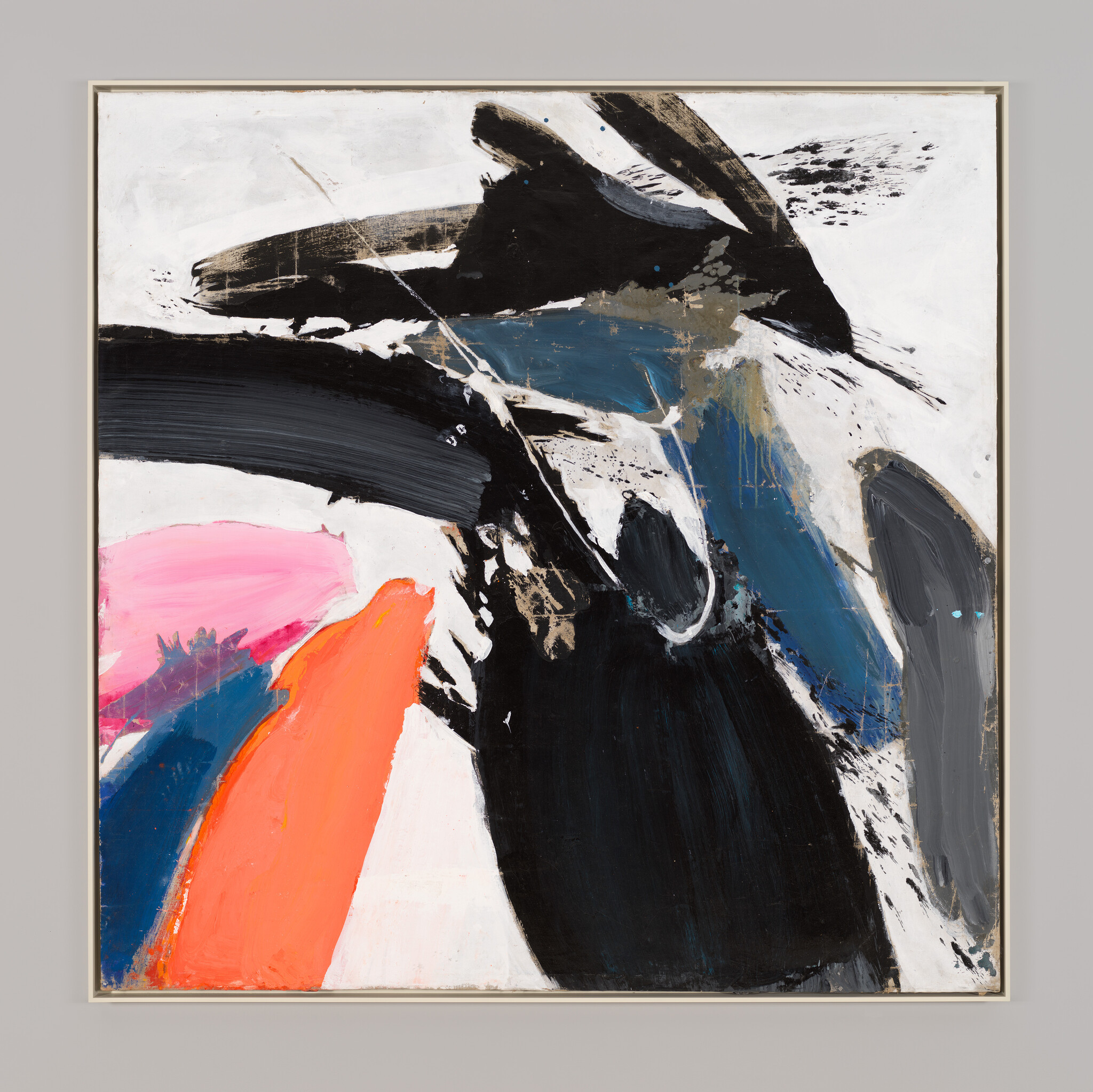 Broad swaths of black, navy, gray, orange, and pink soar across a white canvas.