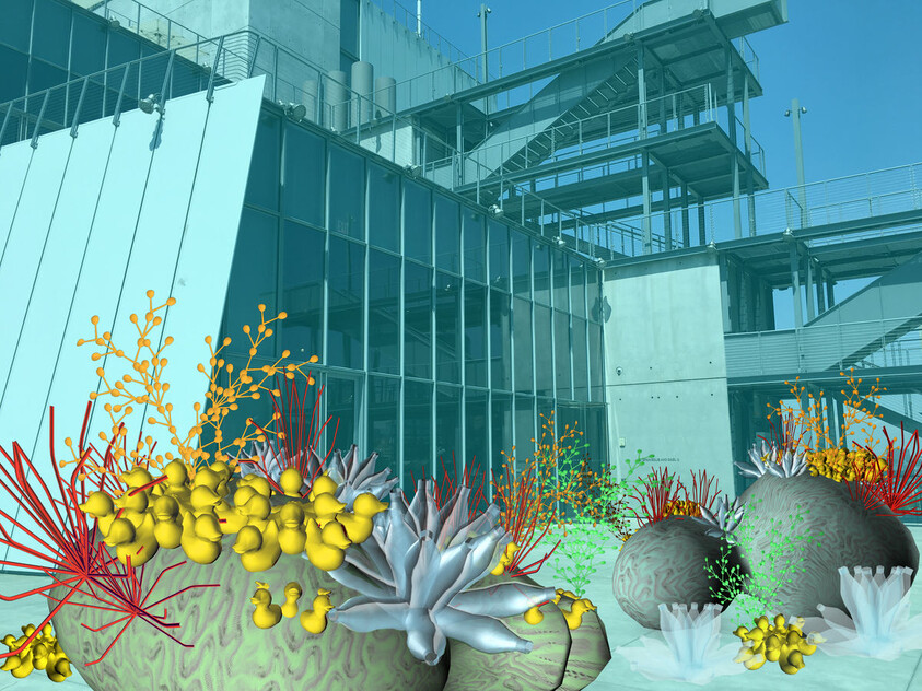 Large sculptural planters with yellow clustered ornaments and succulents sit in front of a modern glass building.