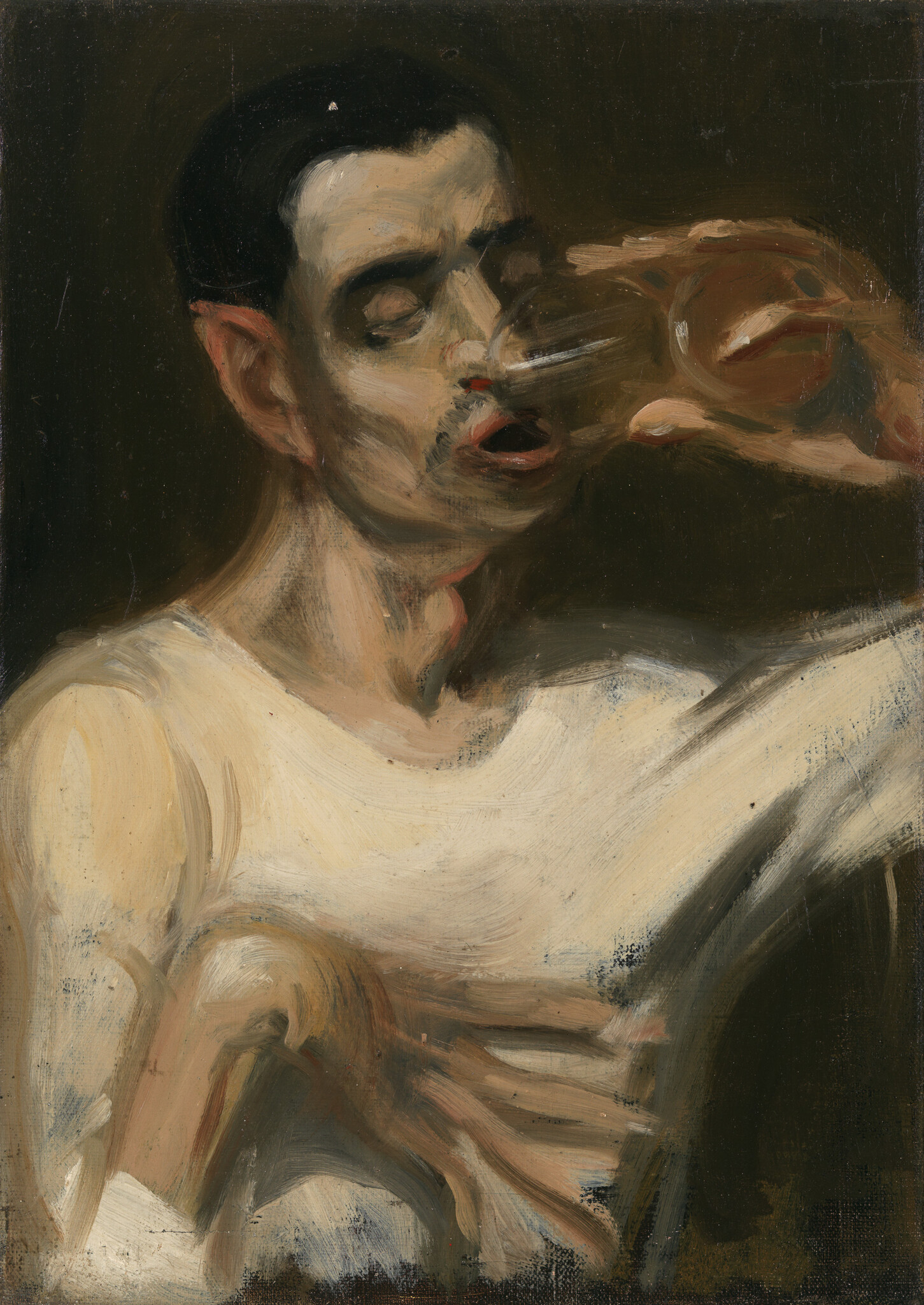 A tired man drinks from a glass with one hand while the other rests on his chest.