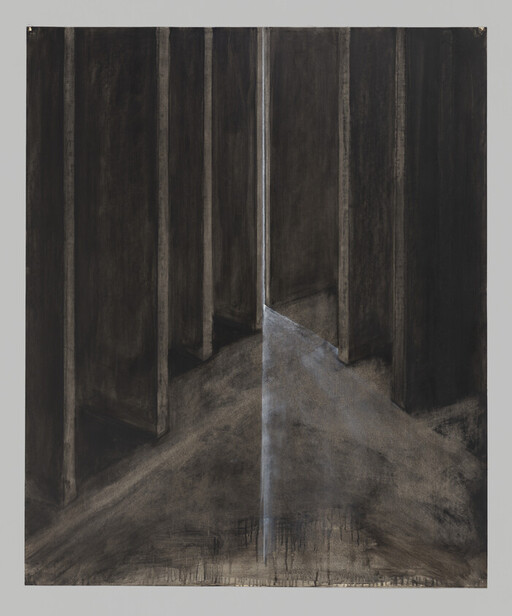 Tall dark pillars create a narrow opening with a thin beam of light on a dusty floor.