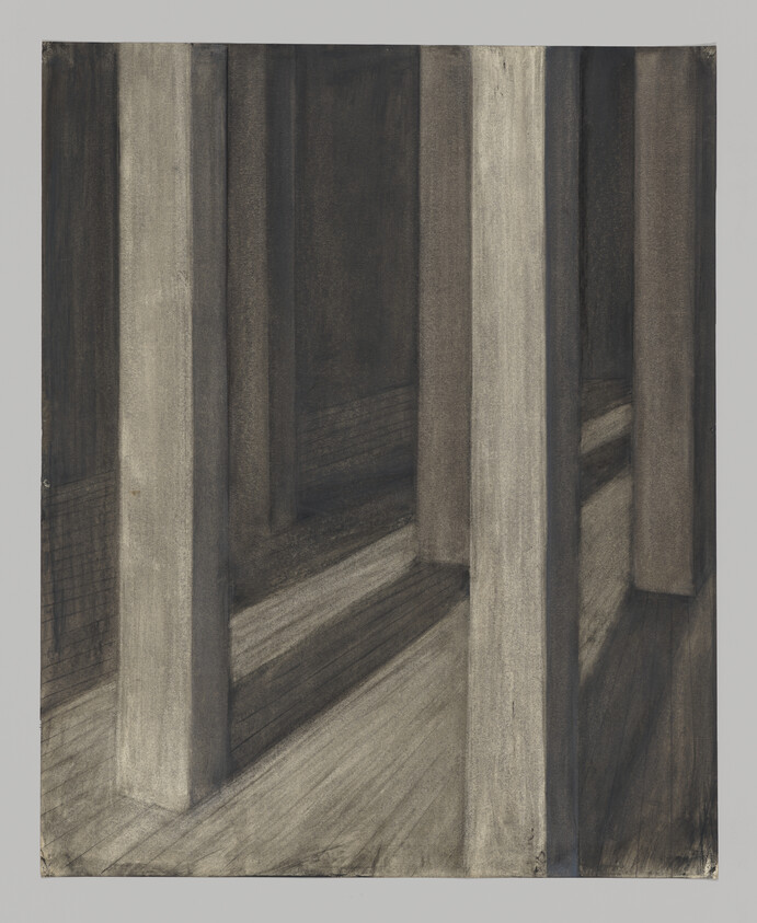 Tall vertical columns stand in a dim space, casting long diagonal shadows across the floor.