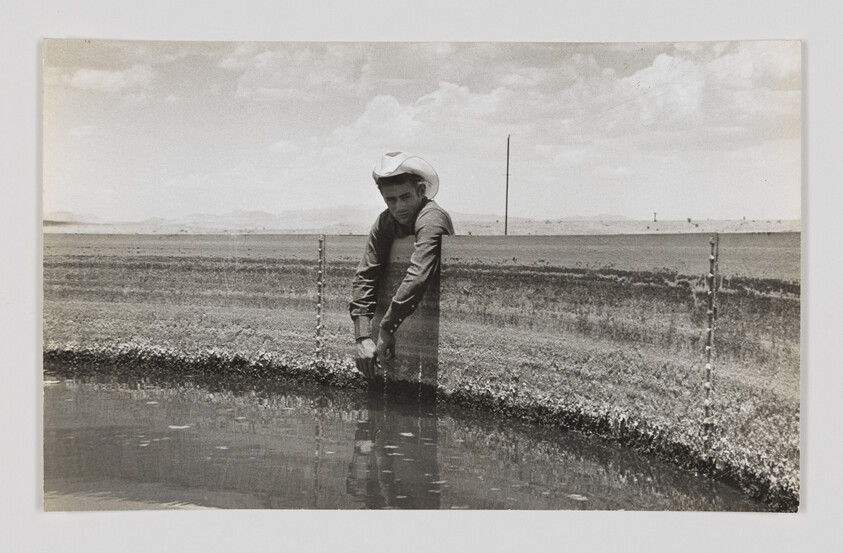 A man in a cowboy hat leans over a pond and dips his hands into the water.