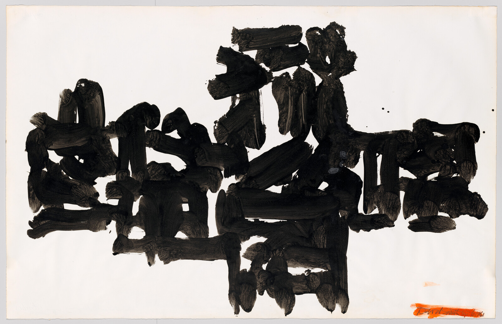 Thick black brushstrokes form a dense abstract pattern across a white sheet of paper.