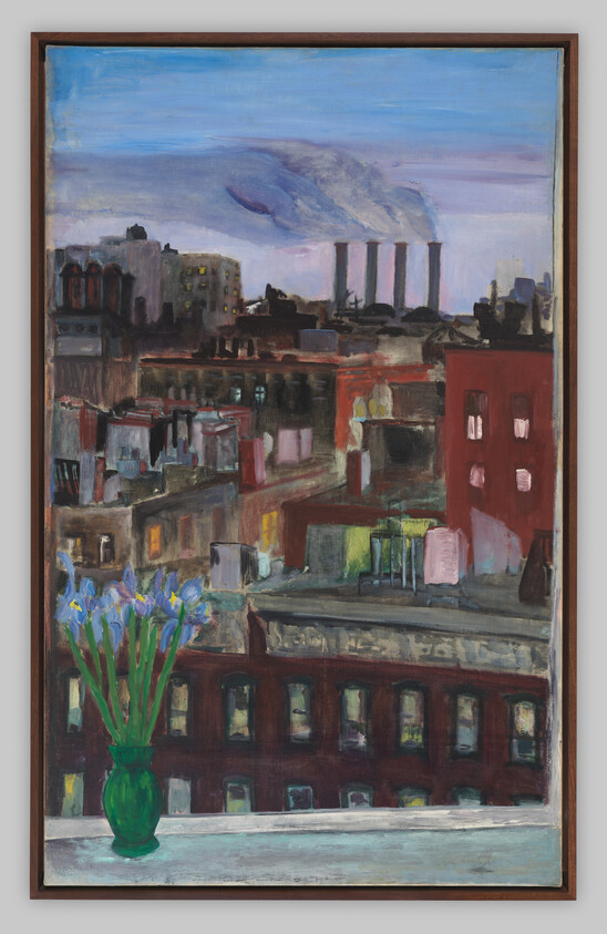 A green vase with purple flowers sits on a windowsill, overlooking city buildings and smoking factory chimneys.