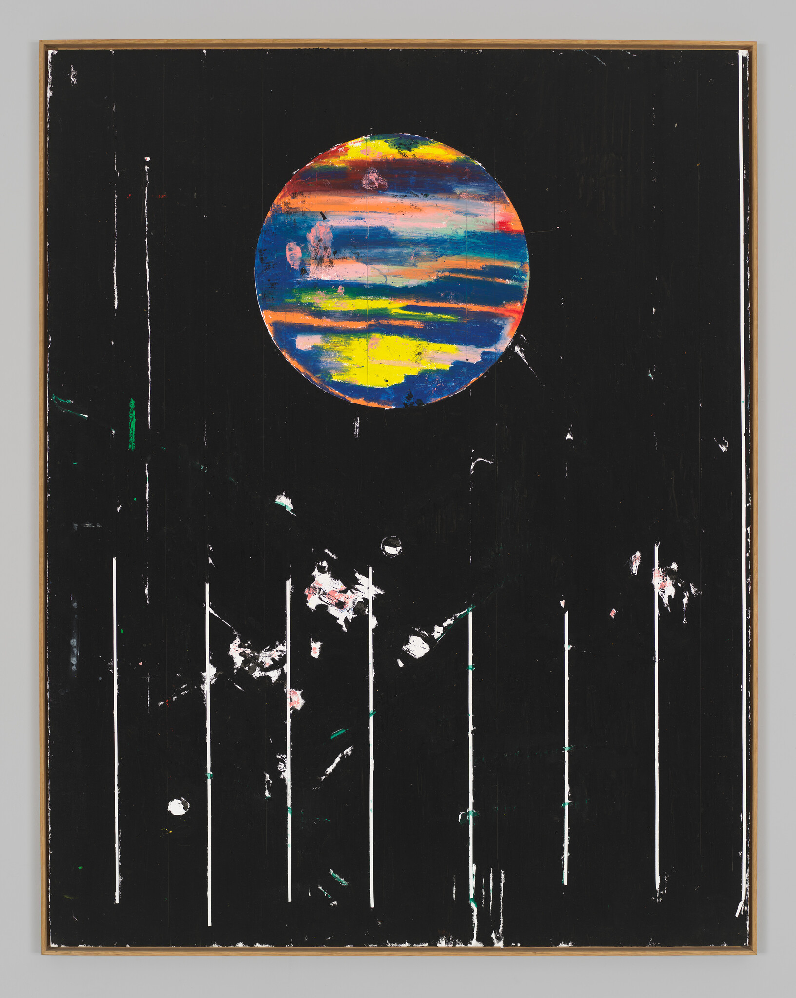 A black painting with a colorful round planet at the top and white vertical lines below.