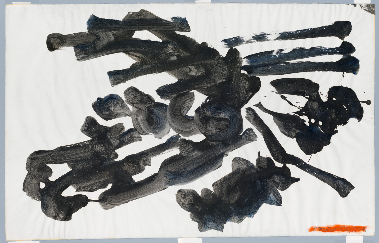 Large bold black brushstrokes swirl across a white sheet with a small orange mark.