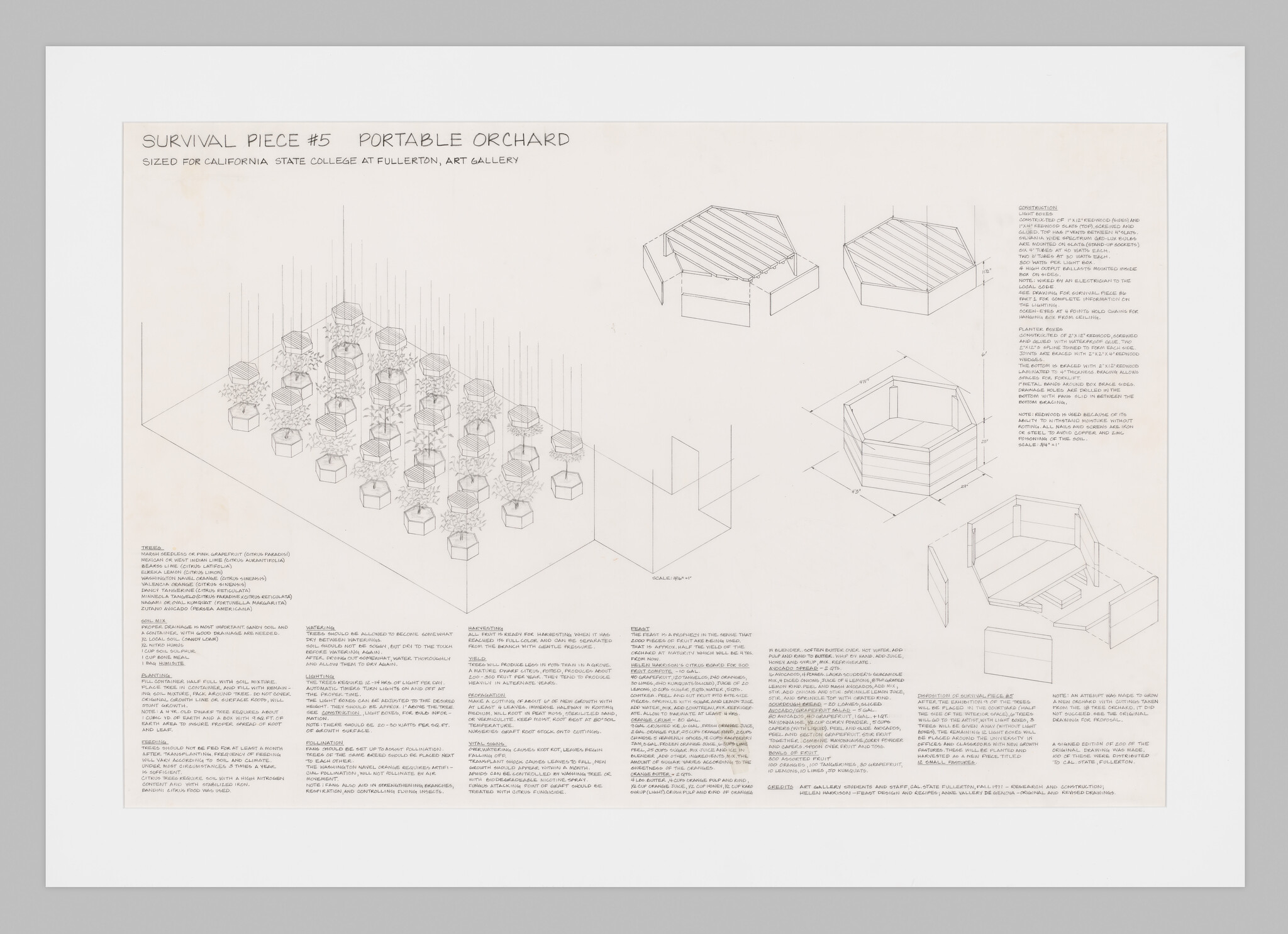 Architectural drawing titled Survival Piece #5 Portable Orchard shows hexagonal planters arranged in a grid with annotated diagrams.