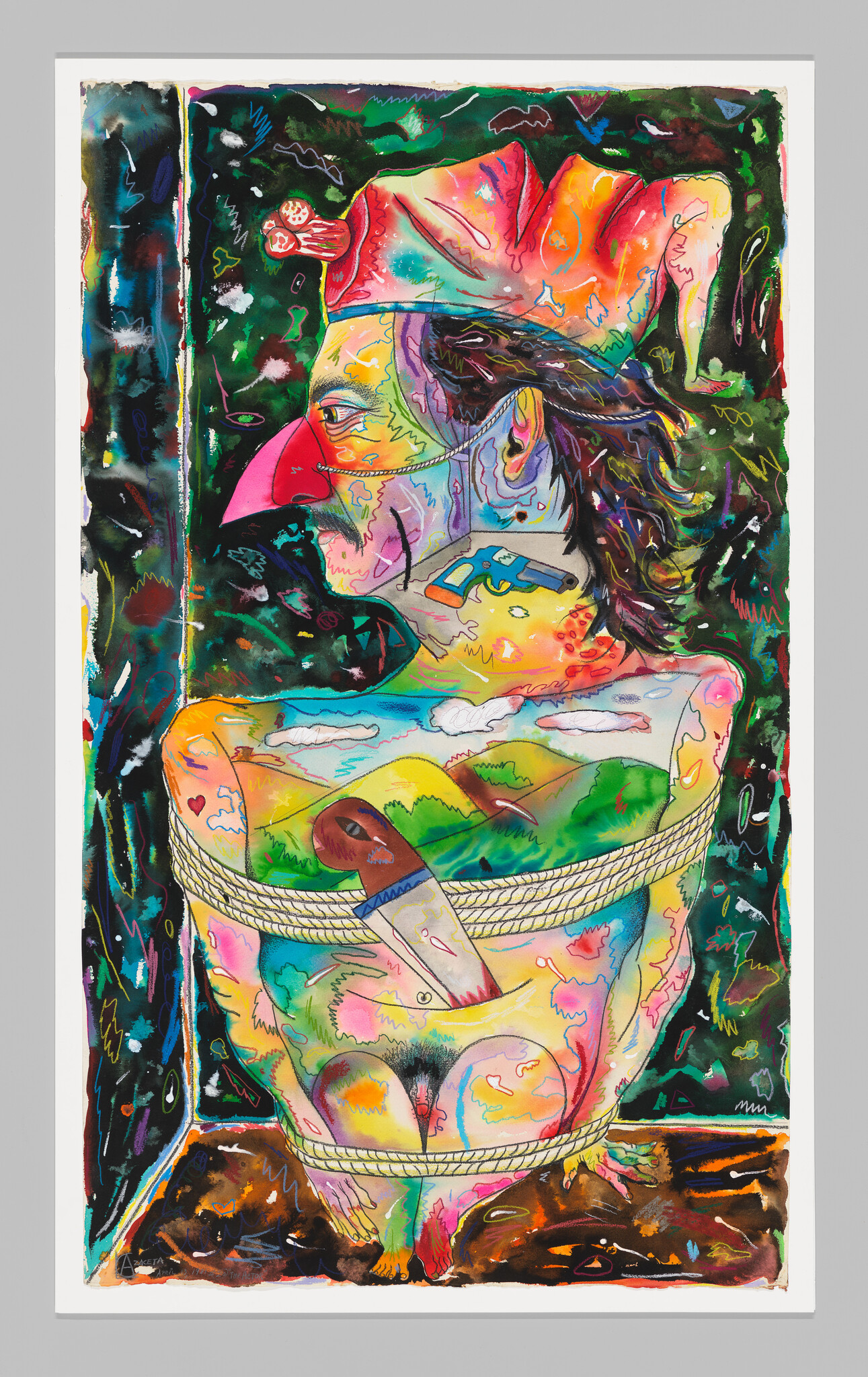 A colorful bound figure wearing a bird-like mask with a knife lodged in its back.