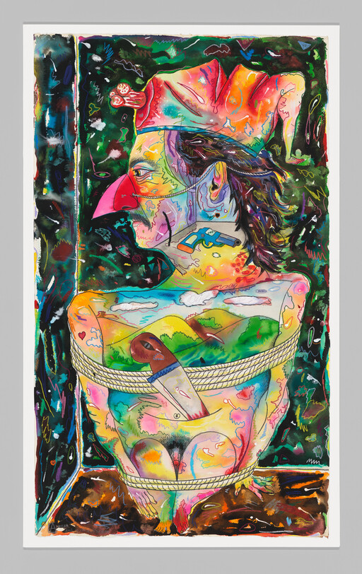 A colorful bound figure wearing a bird-like mask with a knife lodged in its back.