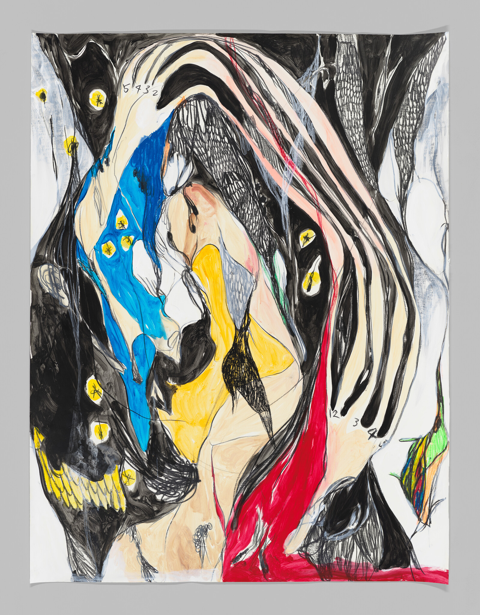 Abstract painting with swirling black, blue, yellow, and red shapes suggesting entwined figures.