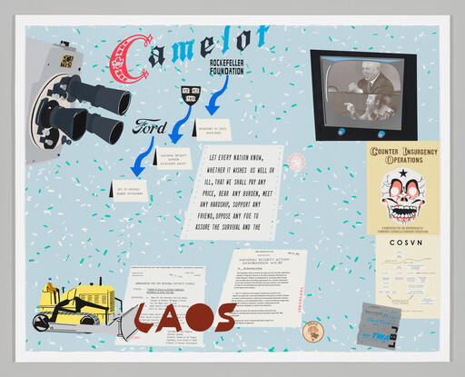 Collage showing Cold War-era documents, a television, a camera, and a "Counter Insurgency Operations" poster.