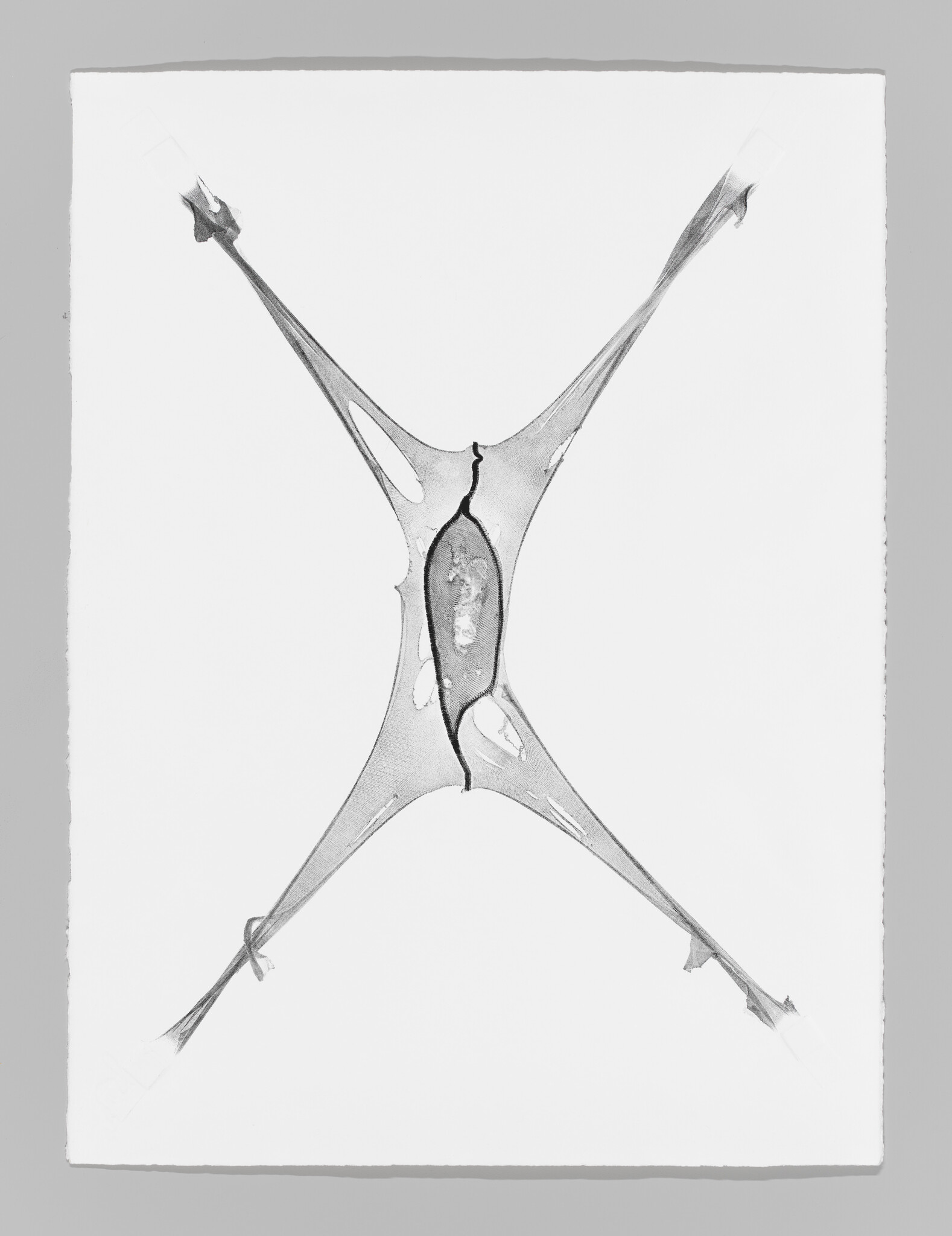 A stretched translucent membrane is taped at four corners, forming an X with a central pod.