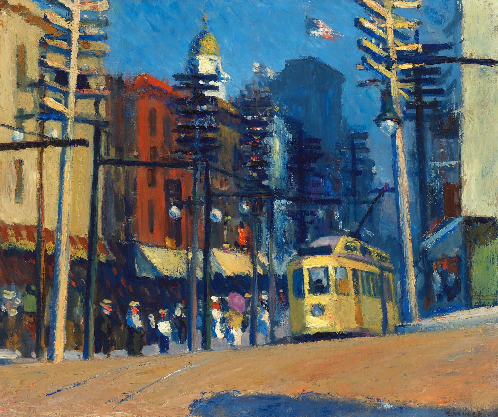 A yellow streetcar travels down a busy city street with people waiting under streetlights.