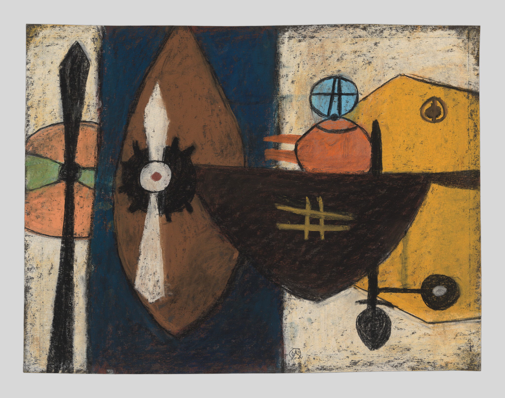 Abstract composition with a dark boat-like shape, circular propeller motif, and blue and yellow panels.