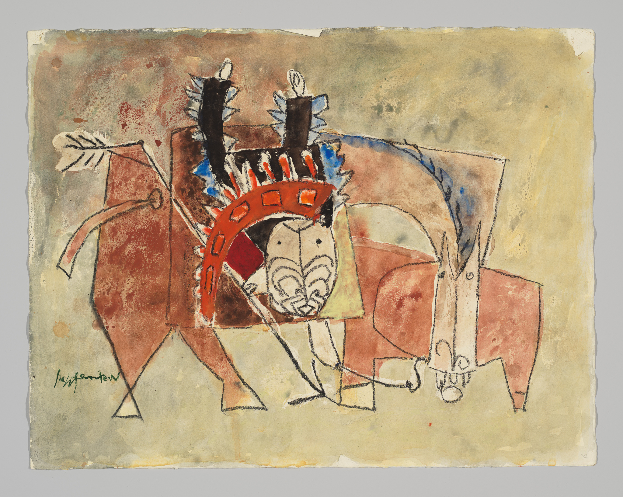 A watercolor and ink painting on paper depicting a stylized, abstract representation of a horse-like figure with a prominent red and blue saddle, surrounded by various shapes and lines in earthy and muted tones. The artist's signature is visible in the lower left corner.