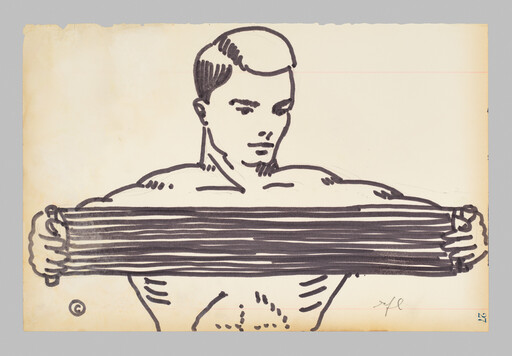 A shirtless man stretches a wide band across his chest with both hands.