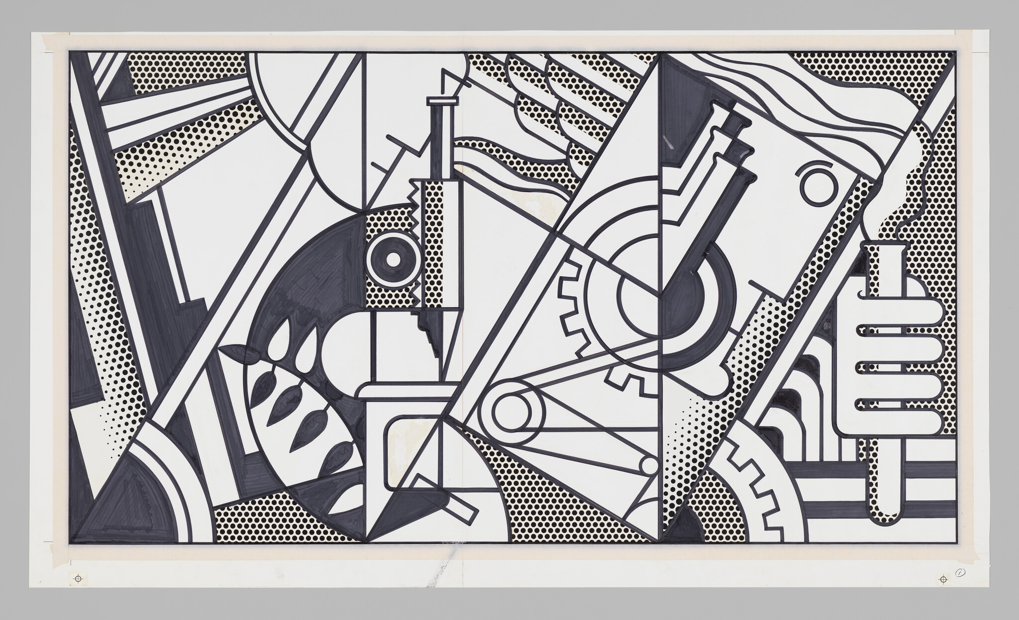 Black-and-white geometric mural showing machine parts, gears, and industrial shapes arranged in panels.