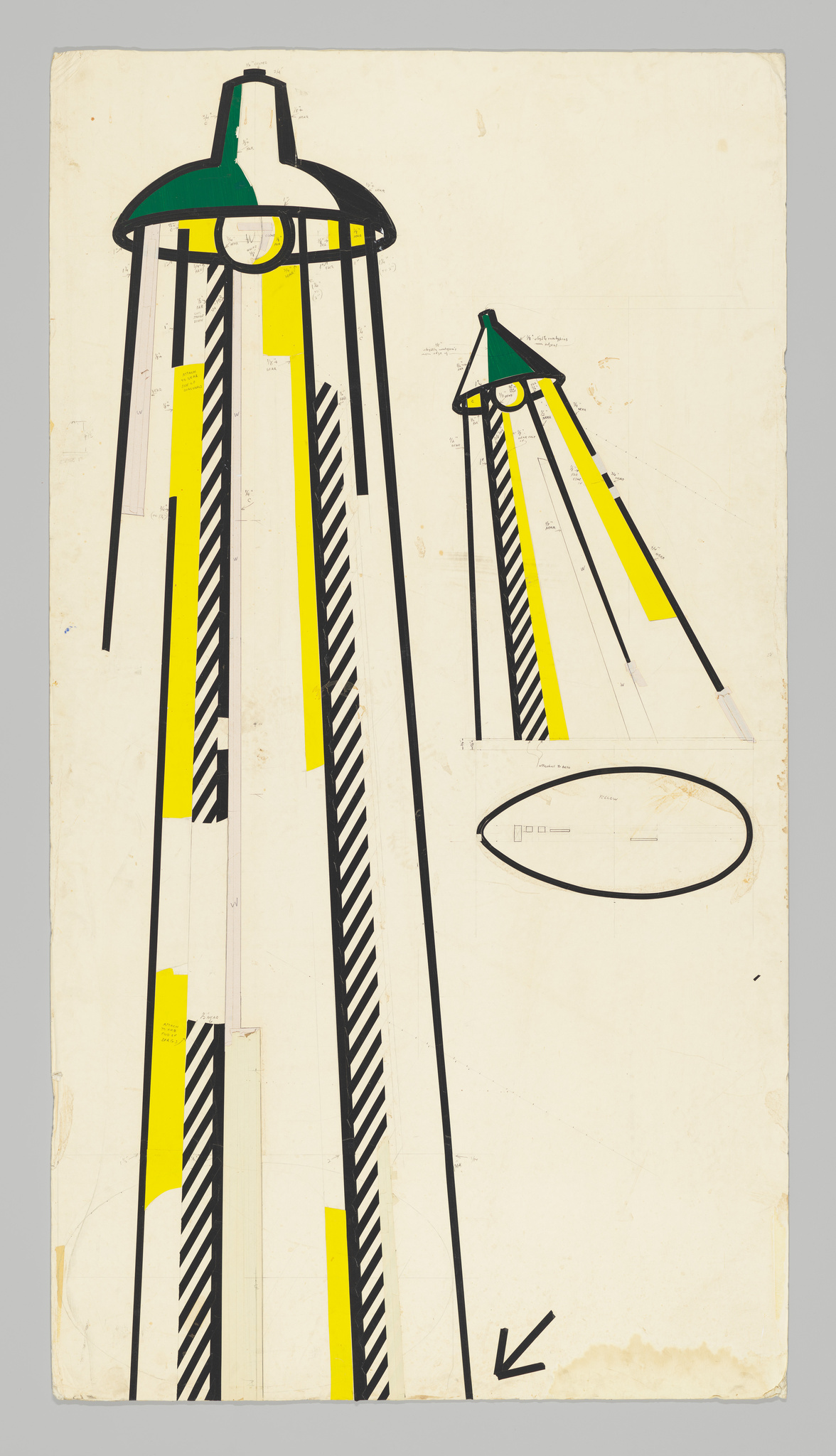 A stylized graphic illustration depicting two abstract figures resembling street lamps or towers, with the larger one on the left and a smaller one on the right. Both figures feature a dominant black and yellow color scheme with diagonal stripes, and the tops are capped with green. The background is an aged, off-white paper with visible creases and stains, and there's a black oval shape with a design sketch at the bottom center.