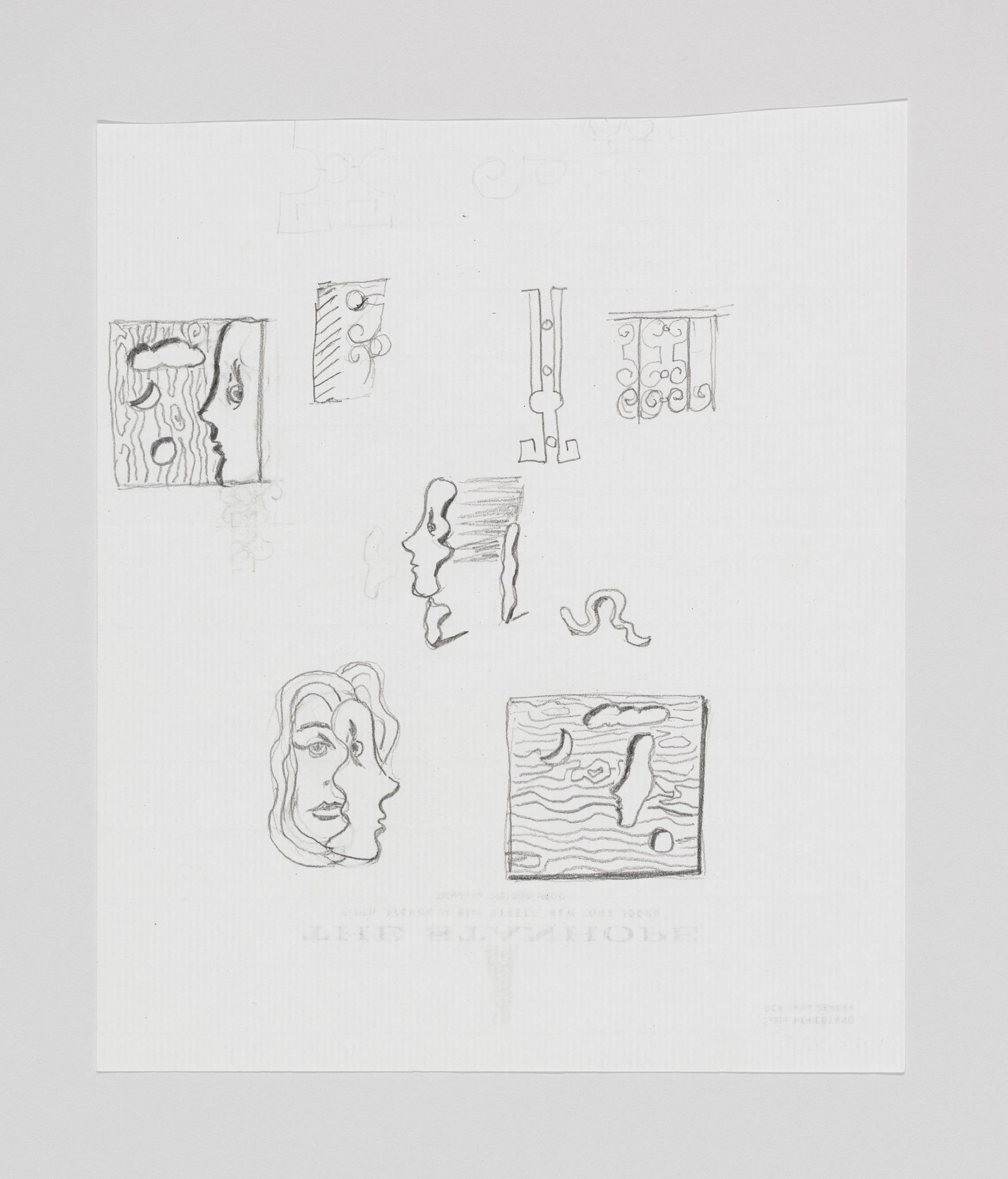 A sketch on white paper featuring a collection of abstract and figurative elements, including a distorted face, various patterns, and shapes that resemble architectural details. The drawing has a rough, unfinished quality, with some elements lightly sketched and others more defined. There is text at the bottom, but it is not legible in the image.