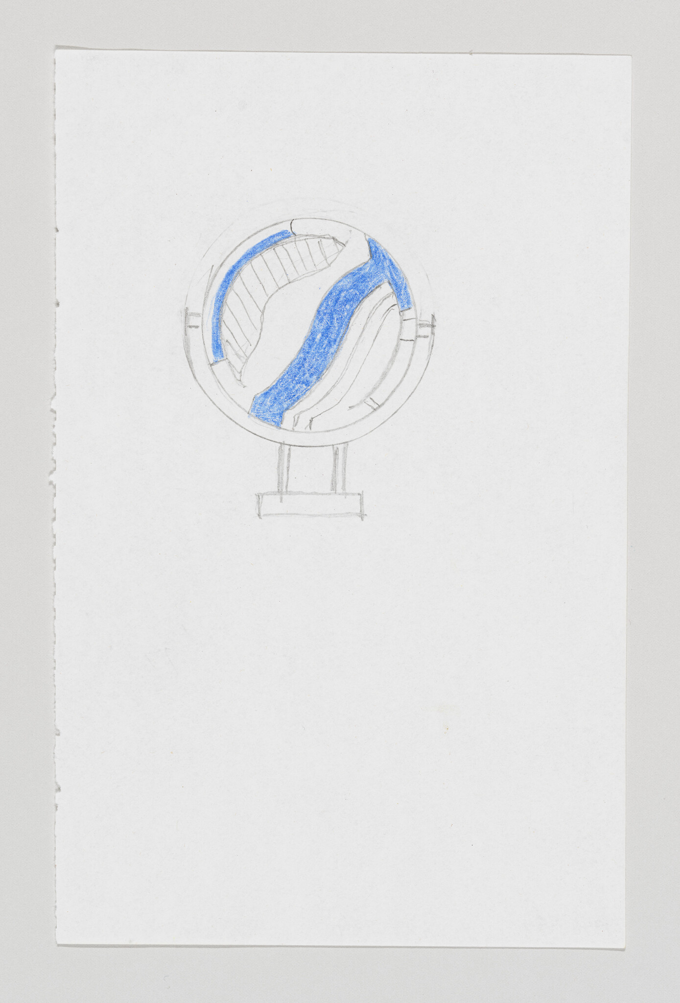 A pencil sketch shows a round sign on a small stand with blue curved shapes.