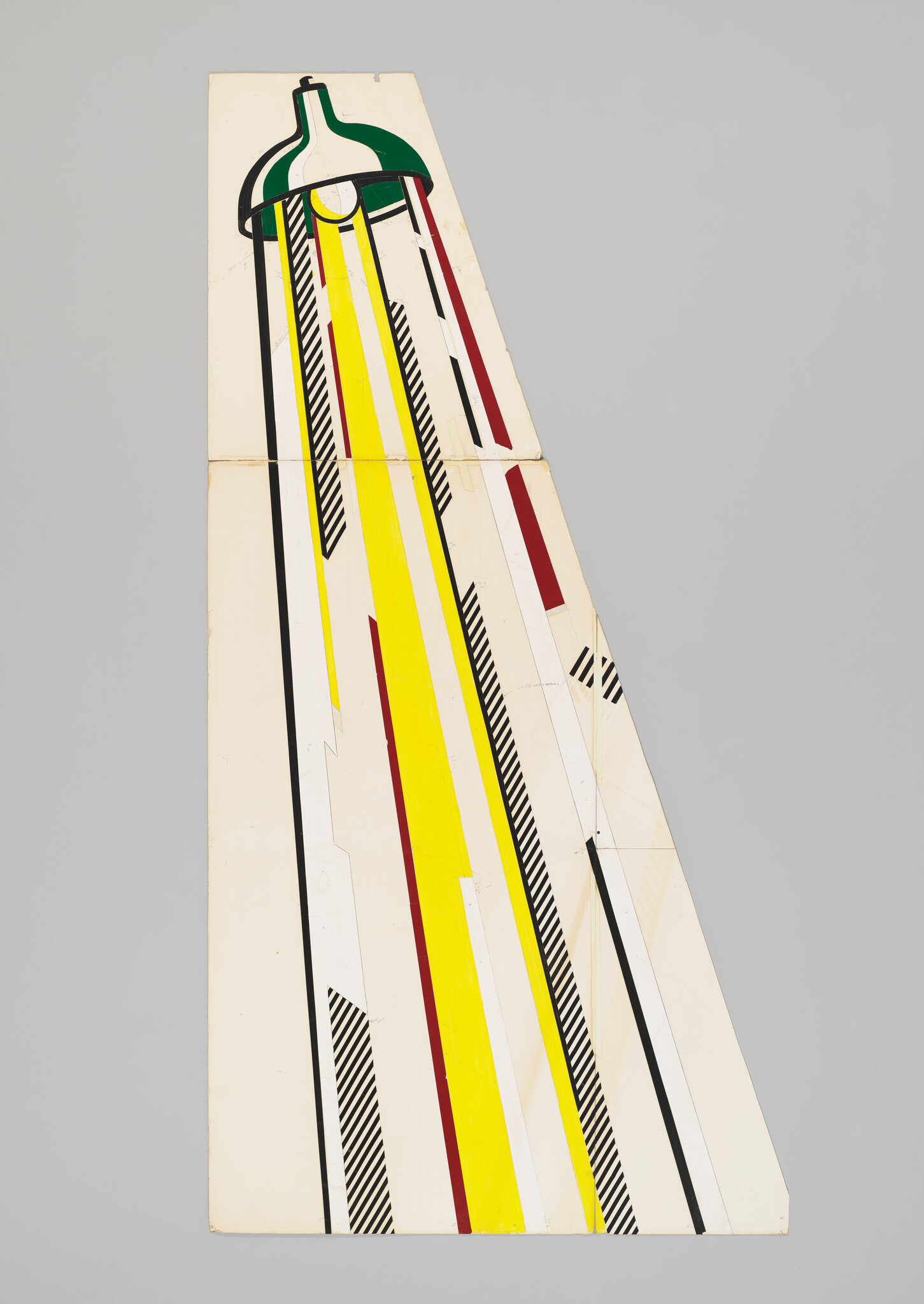Tall triangular panel showing a green lamp casting long yellow, red, and black striped beams.