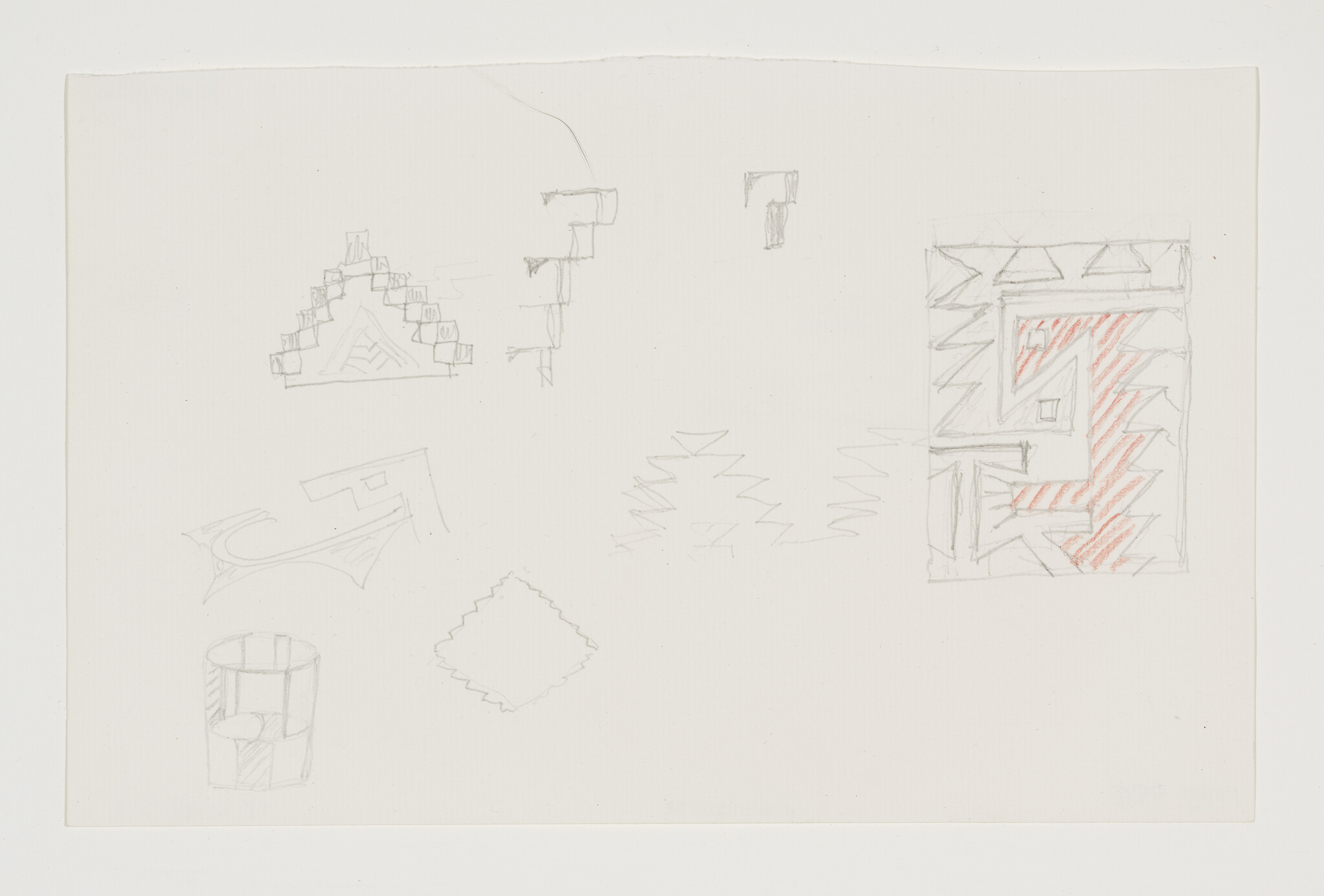 A sketch on white paper featuring various abstract shapes and patterns, including a zigzag pattern, a cylindrical object, and geometric figures, some with light shading and others with more defined pencil lines. There is a section with red pencil marks within a rectangular shape on the right side of the paper.