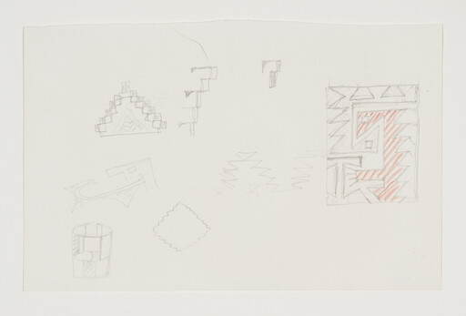 Multiple small pencil sketches of geometric and stepped patterns with a red-shaded rectangular design.
