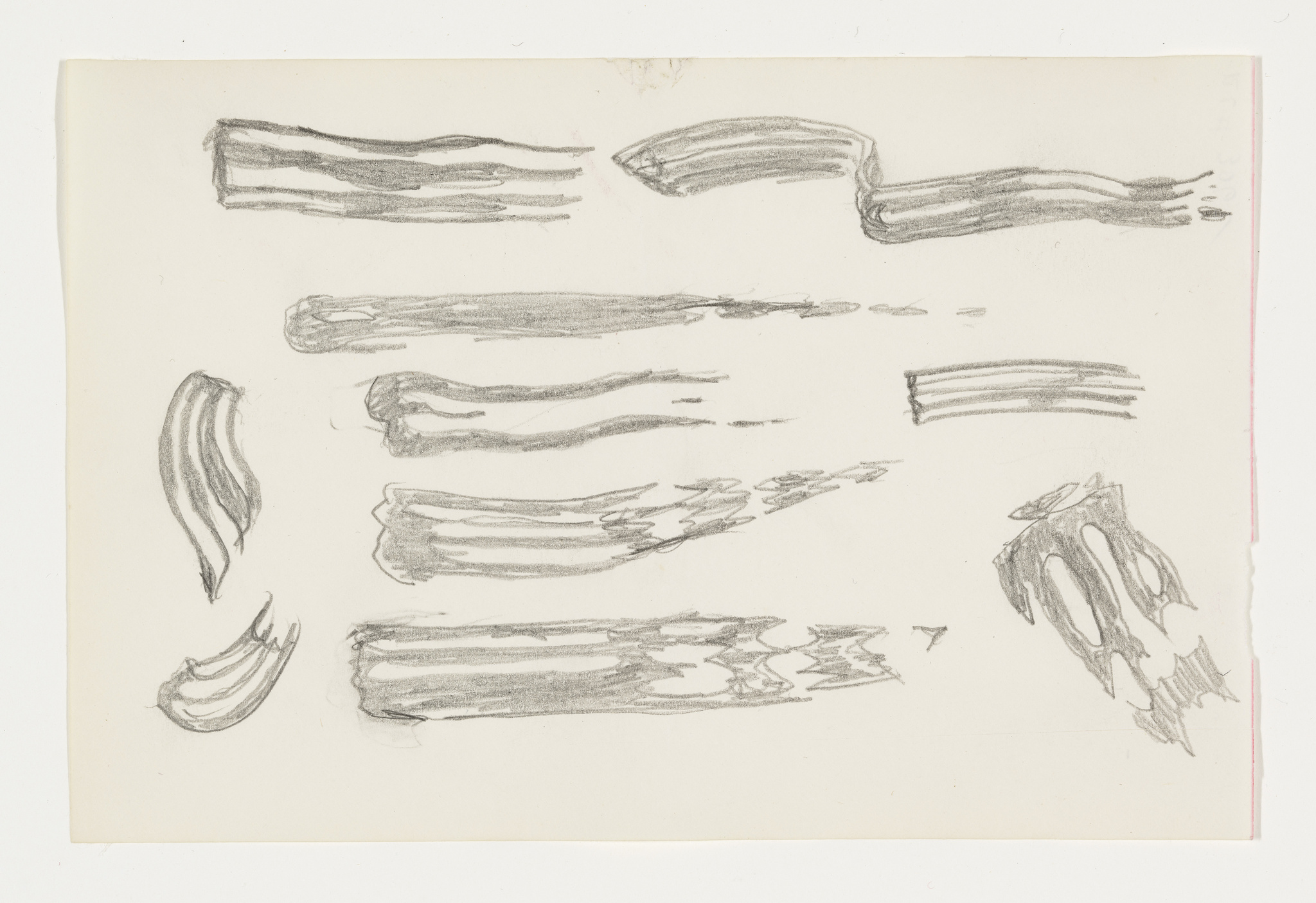 A sketch on a cream-colored paper featuring various strokes and shapes that resemble pieces of wood or bark, drawn with a pencil. The strokes vary in thickness and shading intensity, suggesting different textures and forms. Some shapes are more defined, resembling logs or planks, while others are more abstract. The paper has a slightly frayed left edge and a pinkish mark on the bottom right corner.