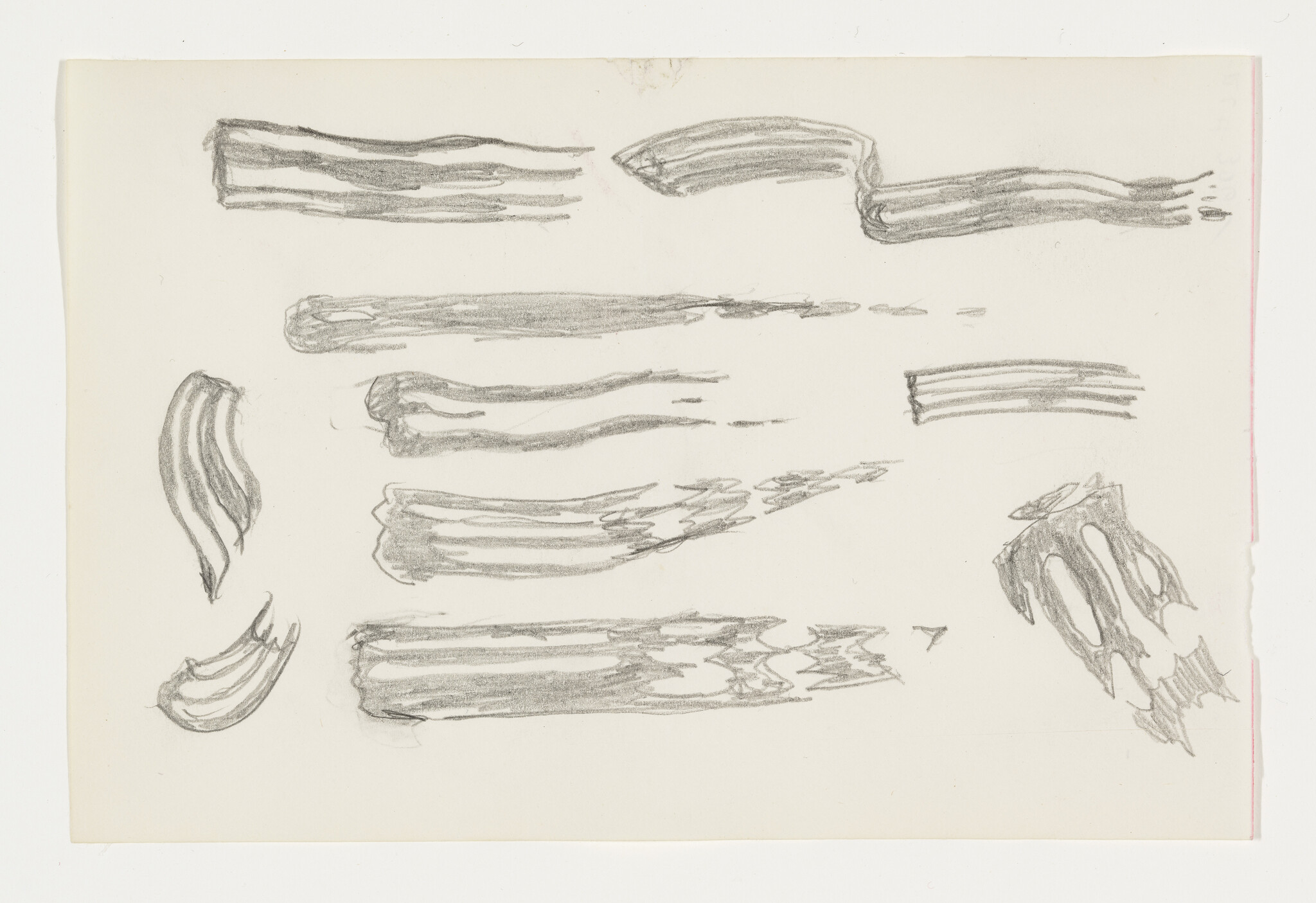 Several pencil sketches show varied long, curved, and torn ribbon-like strokes on a blank sheet.