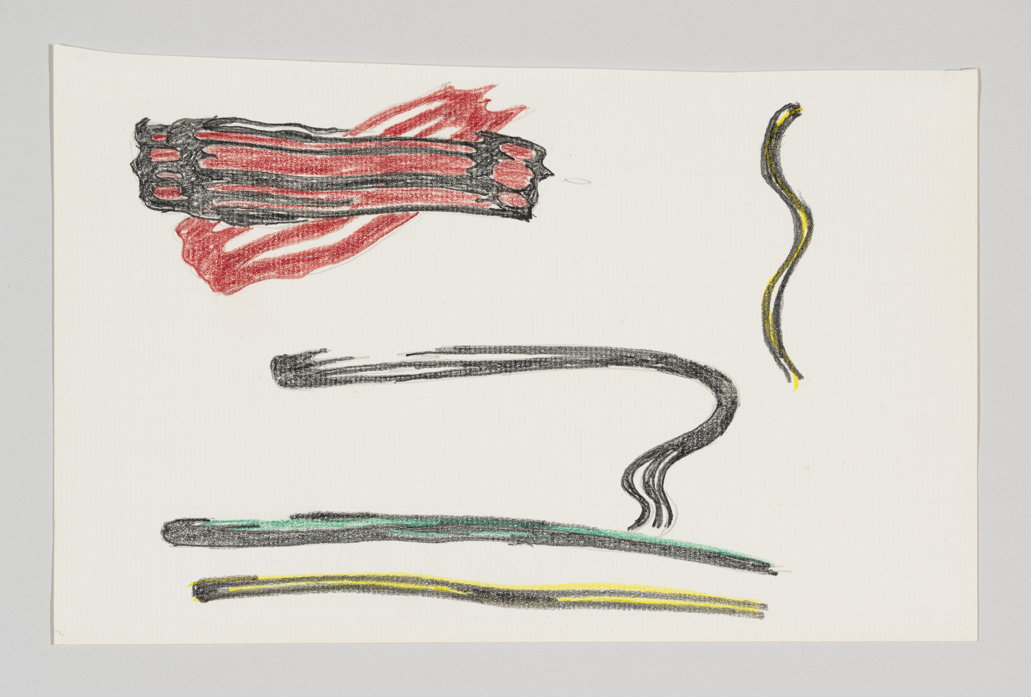 A hand-drawn sketch featuring abstract lines and shapes in various colors on a white background. The top left shows a thick, red and black vertical shape, while a thin, yellow and black squiggly line is on the top right. Below, there is a long, black horizontal line with a wavy tail, and underneath it are two parallel lines, one black and one green with a hint of yellow.