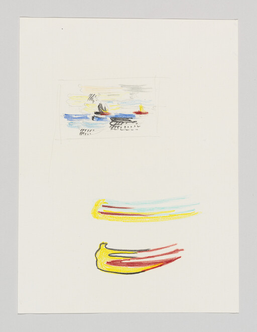 Three small colorful crayon sketches show a tiny seascape and two long yellow strokes.