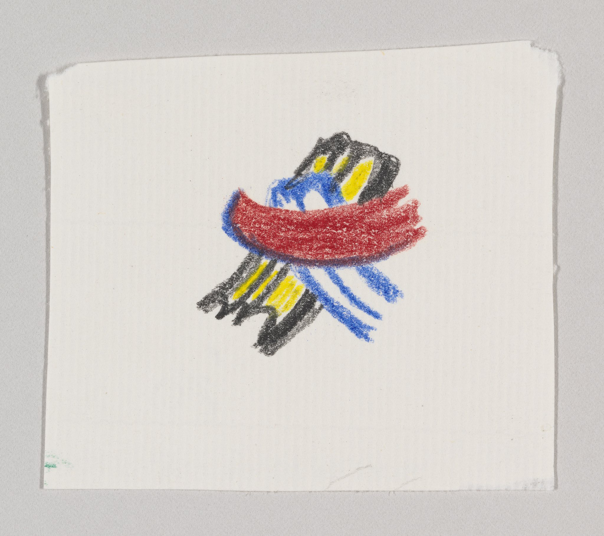 A child's crayon drawing of a blue and yellow bird with a red scarf on a white piece of paper, with the edges of the paper slightly frayed.