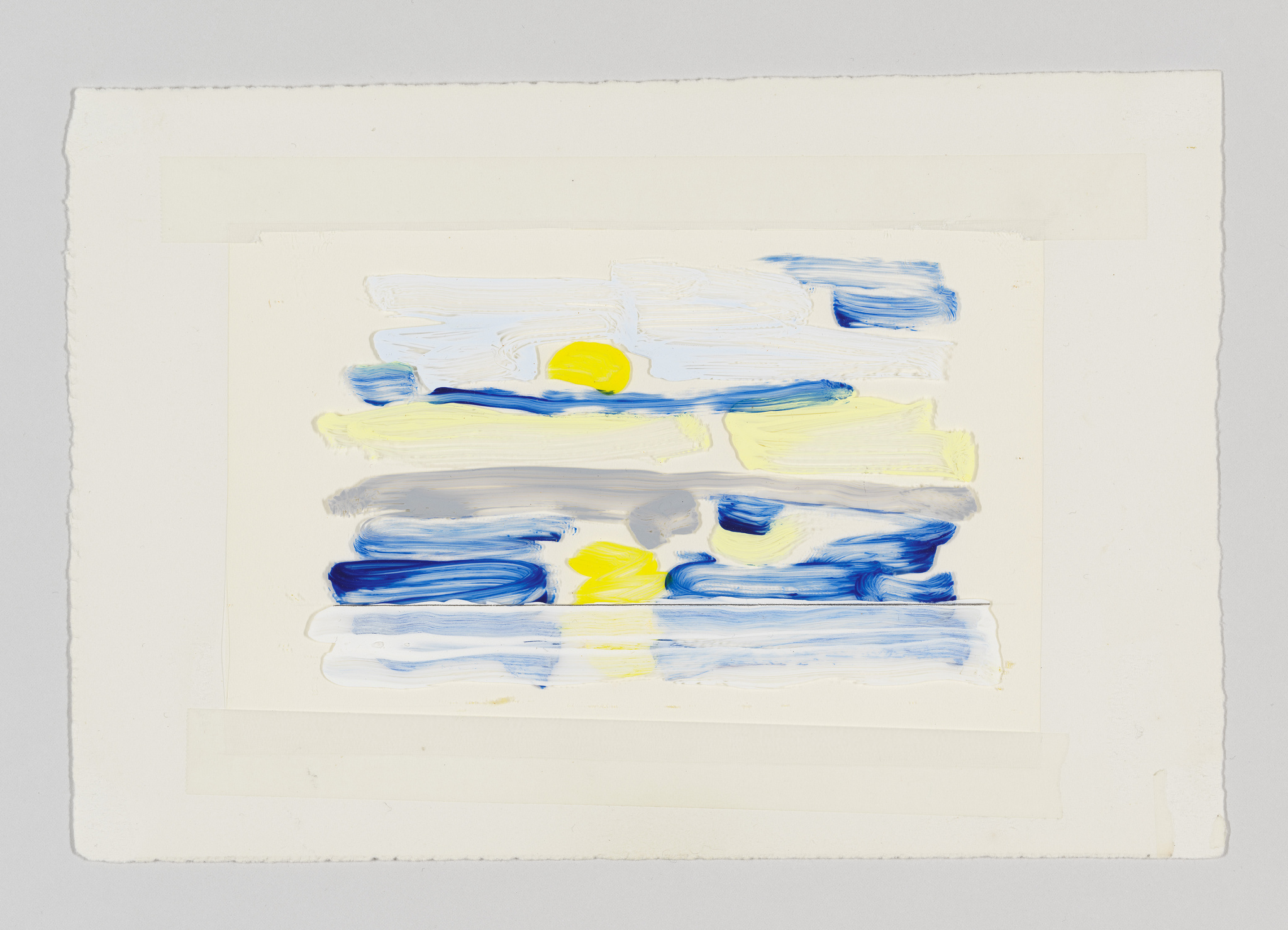 Abstract painting with horizontal strokes of blue and yellow on a white background, mounted on a larger white paper with a border, suggesting a sense of movement or waves.