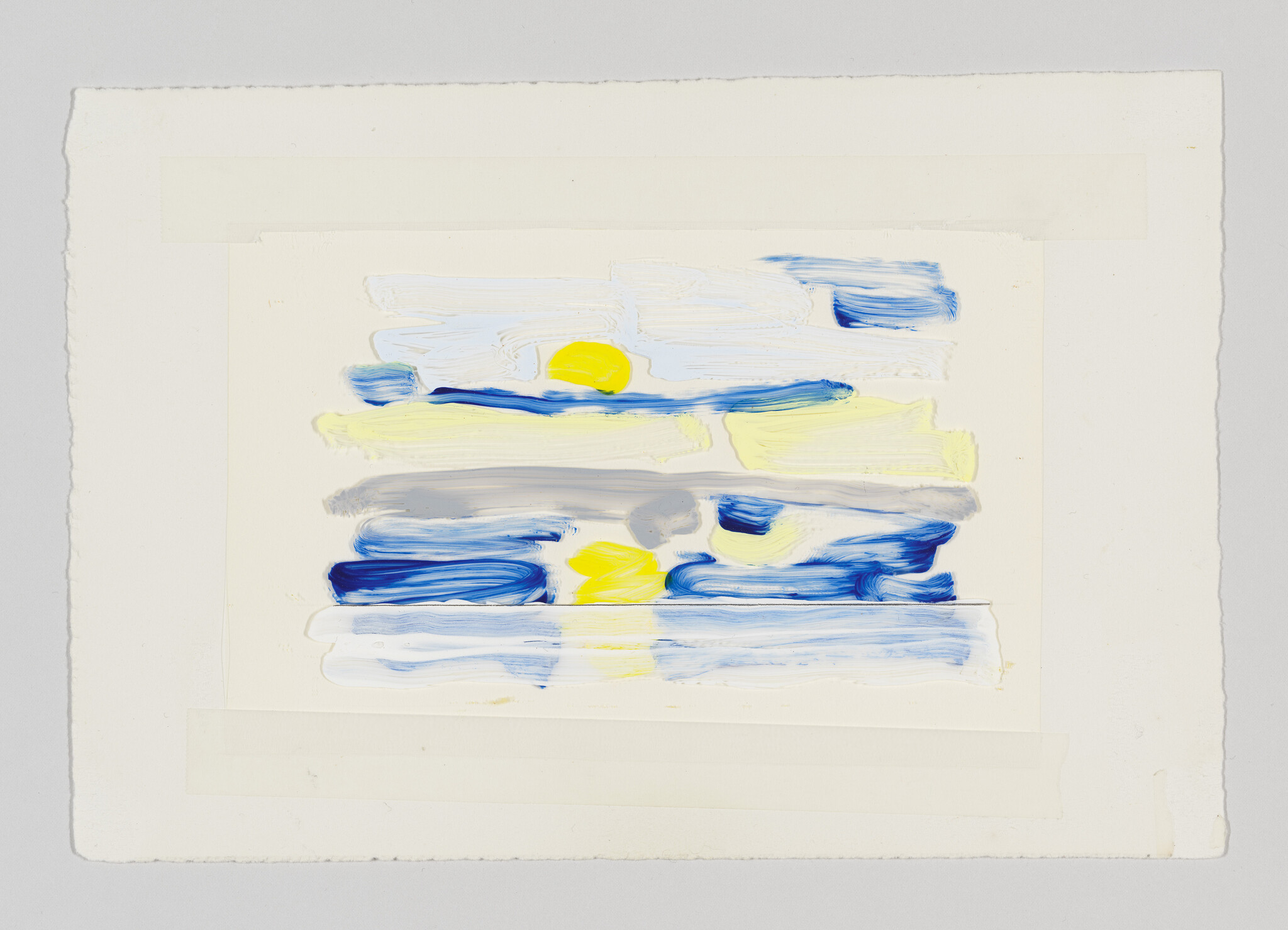 Abstract painting of blue and yellow brushstrokes suggesting a sunset reflected on water.