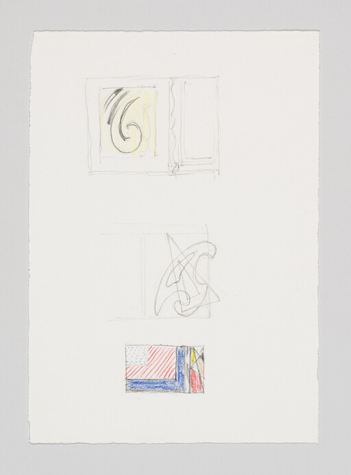 Three small pencil and colored sketches on a large white sheet, including a yellow spiral and flag-like block.
