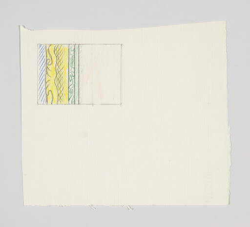 Small hand-drawn rectangle with vertical colored patterned stripes on otherwise blank sheet of paper.