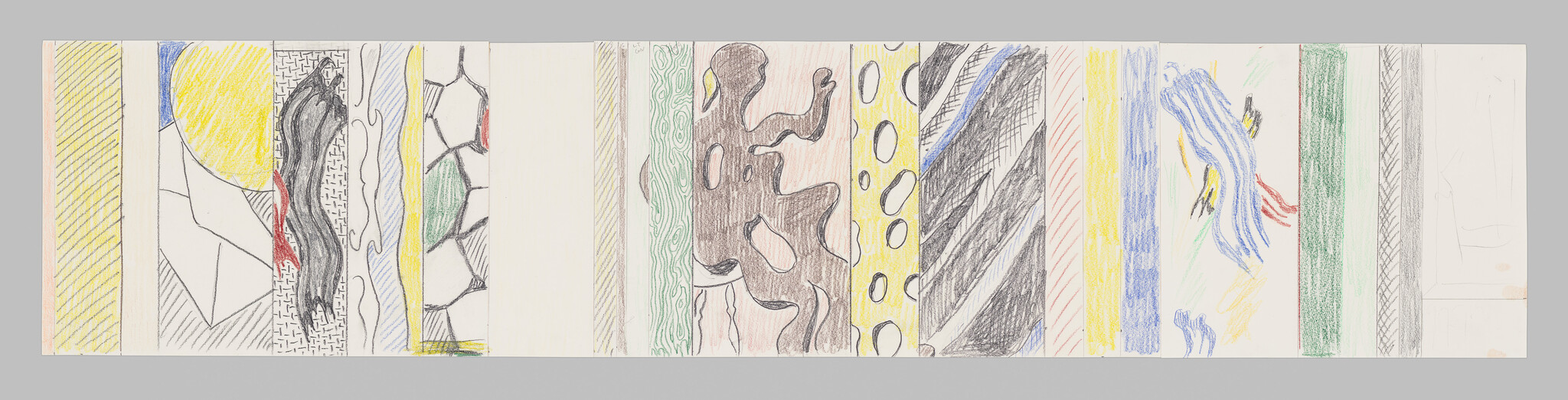 Long horizontal strip shows many narrow vertical panels with colorful abstract patterns and doodles.