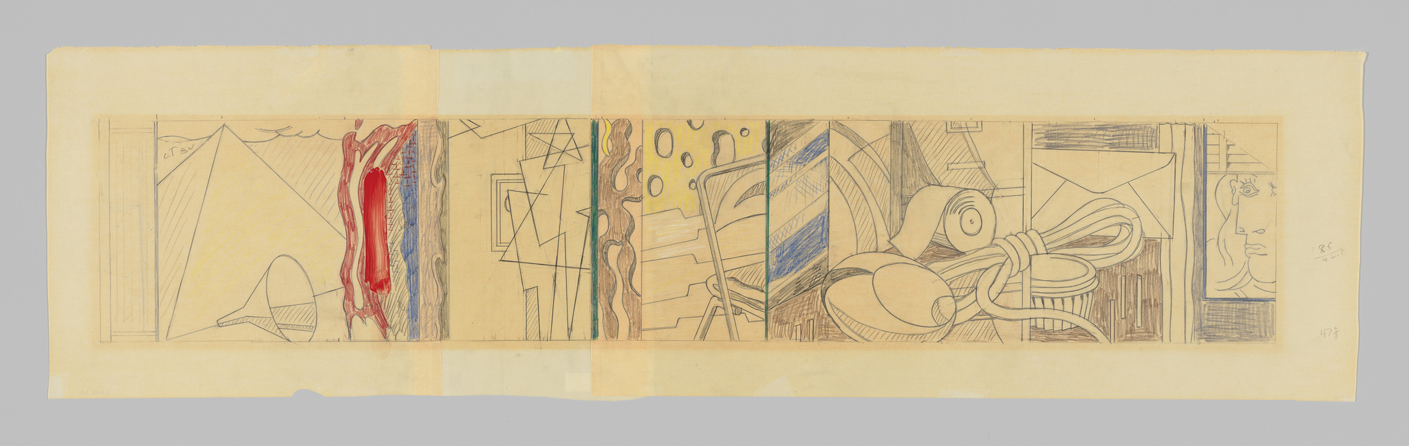 A panoramic sketch on yellowed paper featuring a series of abstract and geometric designs, with a prominent red smear on the left side. The drawing includes various shapes and patterns, such as triangles, wavy lines, and circles, as well as a stylized depiction of a figure with a spiral form and a face in profile towards the right end. The artwork is segmented into panels by vertical fold lines, suggesting it may have been folded or intended as a continuous design.