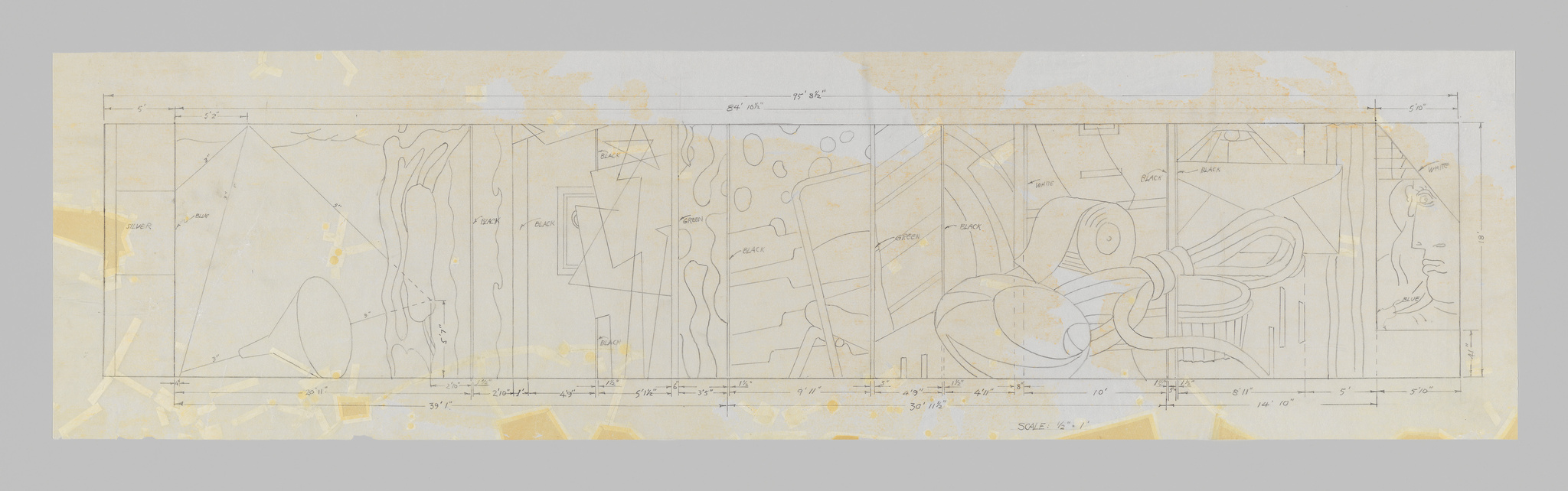 Aged and stained architectural drawing featuring a detailed blueprint with annotations for colors like silver, black, green, and blue. The design includes abstract and geometric shapes, with some elements resembling parts of human figures and faces. Measurements and scale indicators are visible, suggesting the plan for a large structure or installation.