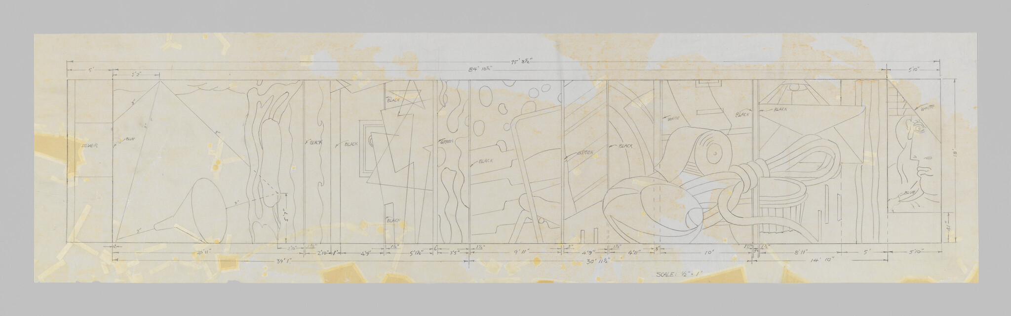 A long pencil mural plan showing sketched objects, measurements, and labeled color notes.